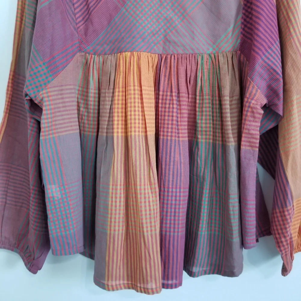 World Market Boho Checker Print Plaid Balloon Sleeve Blouse Size L/XL - Picture 6 of 8